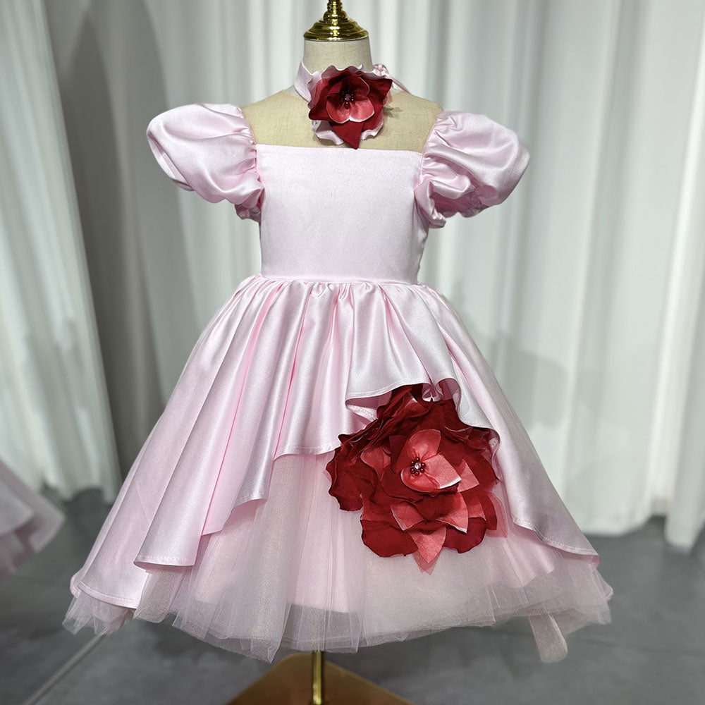 DreamyVow Elegant Square Collar Pink Girl Dress with 3D Flowers Satin Ball Gown for Kid Wedding Birthday Communion Party J339-DreamyVow