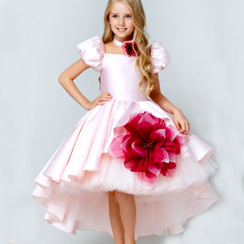 DreamyVow Elegant Square Collar Pink Girl Dress with 3D Flowers Satin Ball Gown for Kid Wedding Birthday Communion Party J339-DreamyVow