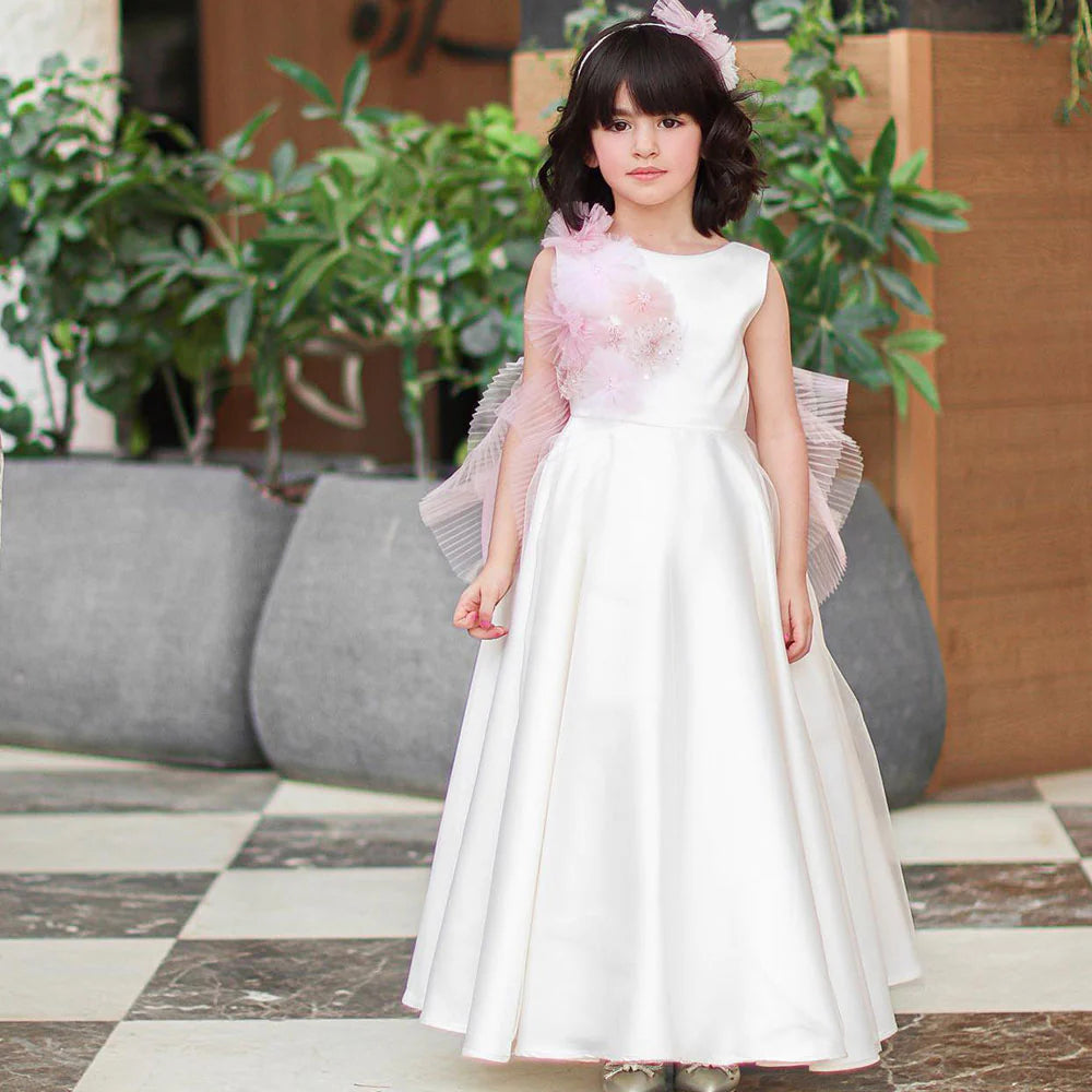 DreamyVow Elegant White Dubai Girl Dress Pearls Arab Kids Bridesmade Princess Gown for Wedding Birthday Holiday Party 2024 J237-DreamyVow