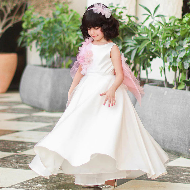 DreamyVow Elegant White Dubai Girl Dress Pearls Arab Kids Bridesmade Princess Gown for Wedding Birthday Holiday Party 2024 J237-DreamyVow