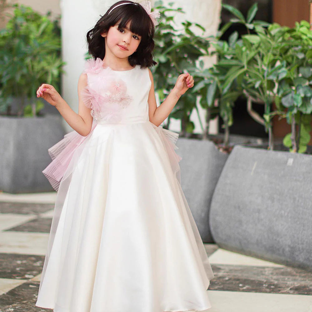 DreamyVow Elegant White Dubai Girl Dress Pearls Arab Kids Bridesmade Princess Gown for Wedding Birthday Holiday Party 2024 J237-DreamyVow