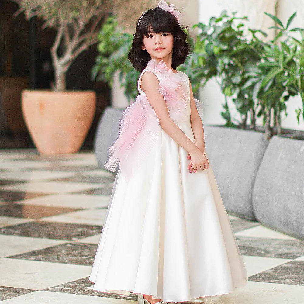 DreamyVow Elegant White Dubai Girl Dress Pearls Arab Kids Bridesmade Princess Gown for Wedding Birthday Holiday Party 2024 J237-DreamyVow