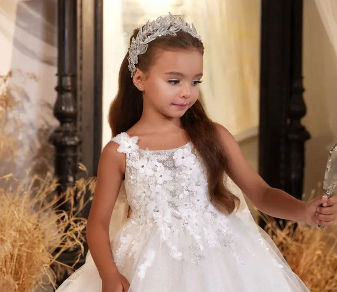 DreamyVow Elegant White Flower Girl Dress Appliques Lace Princess Kids Wedding Birthday First Communion Party Gown 2024 J272-DreamyVow