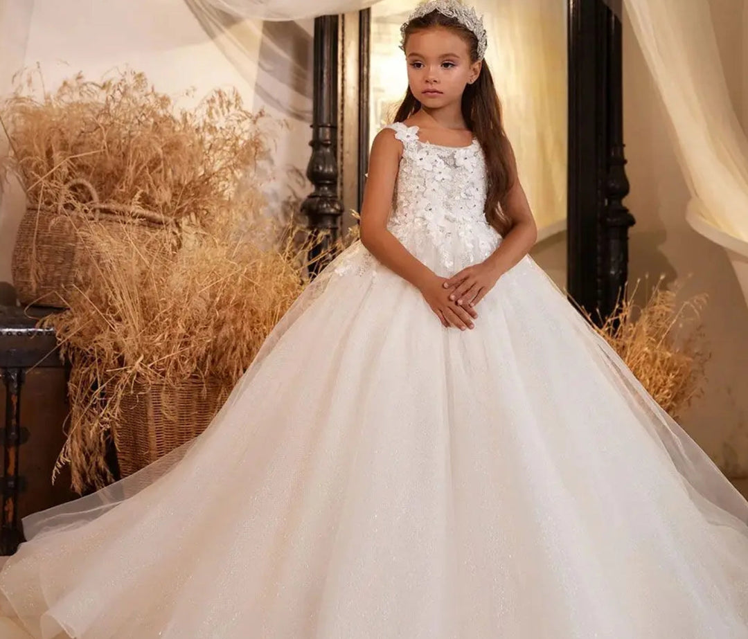 DreamyVow Elegant White Flower Girl Dress Appliques Lace Princess Kids Wedding Birthday First Communion Party Gown 2024 J272-DreamyVow