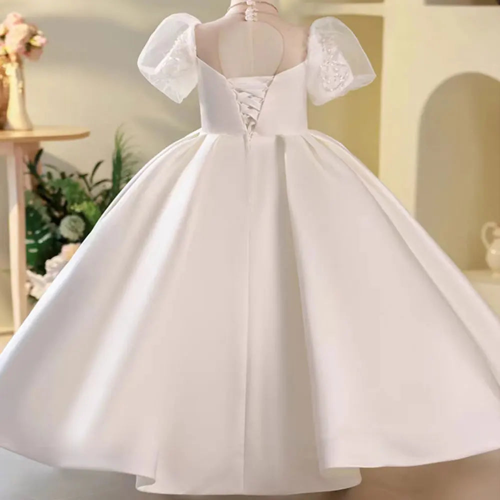 DreamyVow Elegant White Flower Girl Dress Beads Satin Arabic Princess Kids Birthday Wedding Guest Party Gown Communion 2024 J251-DreamyVow