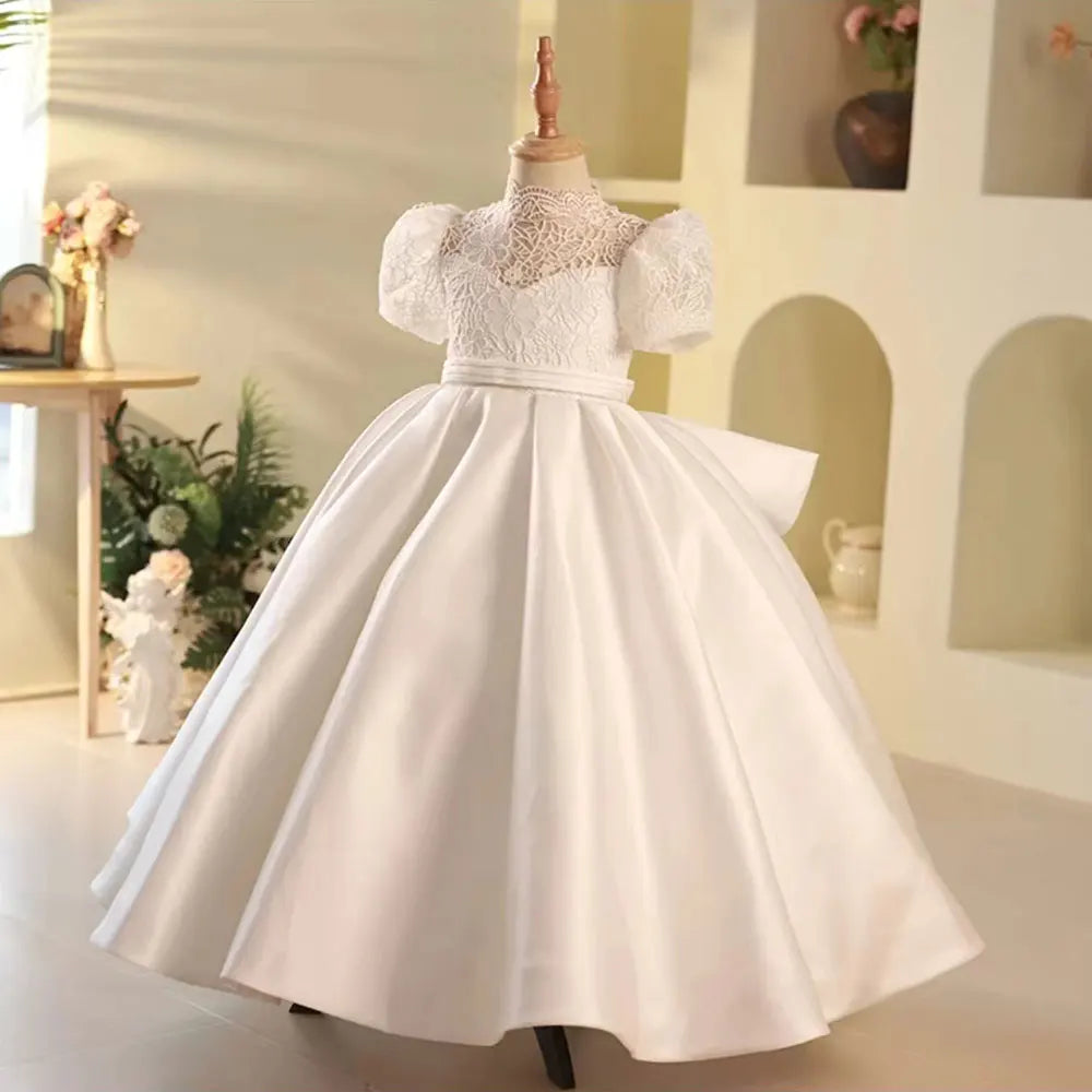 DreamyVow Elegant White Flower Girl Dress Satin Dubai Kids Princess Birthday Wedding Party First Communion Formal Gown 2024 J215-DreamyVow