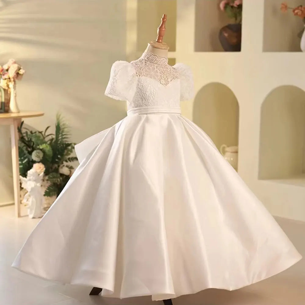 DreamyVow Elegant White Flower Girl Dress Satin Dubai Kids Princess Birthday Wedding Party First Communion Formal Gown 2024 J215-DreamyVow