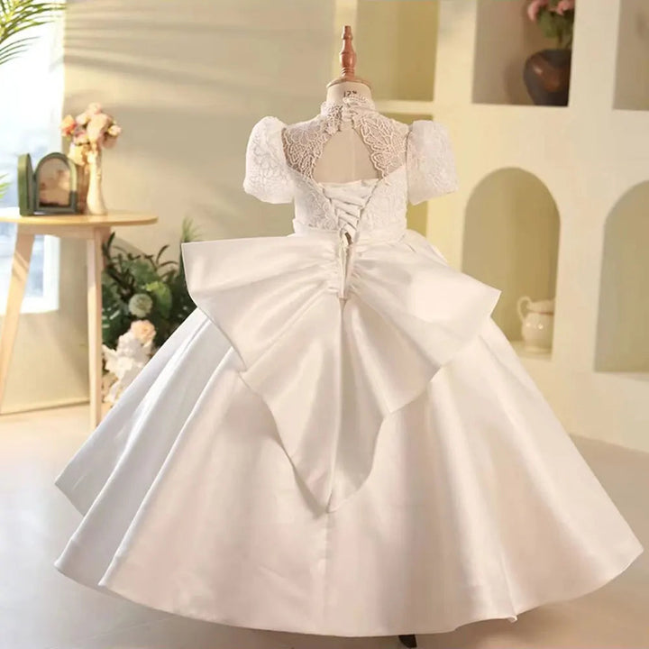 DreamyVow Elegant White Flower Girl Dress Satin Dubai Kids Princess Birthday Wedding Party First Communion Formal Gown 2024 J215-DreamyVow