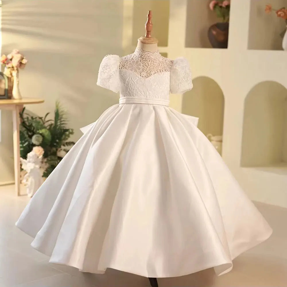 DreamyVow Elegant White Flower Girl Dress Satin Dubai Kids Princess Birthday Wedding Party First Communion Formal Gown 2024 J215-DreamyVow