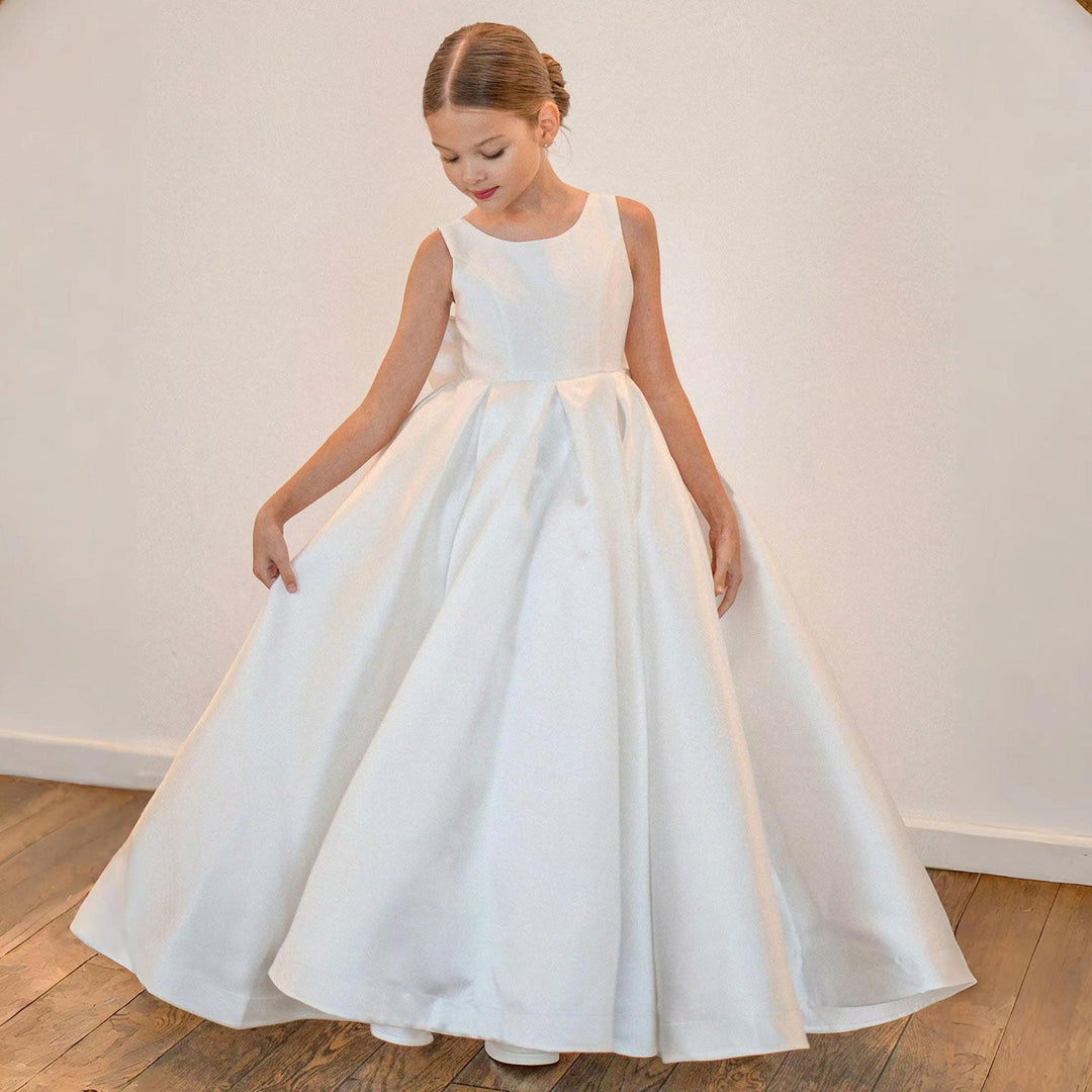 DreamyVow Elegant White Flower Girl Dress with Bow Satin Ball Gown for Kids Wedding Birthday First Communion Party 2024 J205-DreamyVow