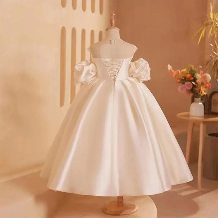 DreamyVow Elegant White Girl Dress Bow Satin Arabic Princess Kids Birthday Wedding Guest Party Ball Gown Communion 2024 J250-DreamyVow