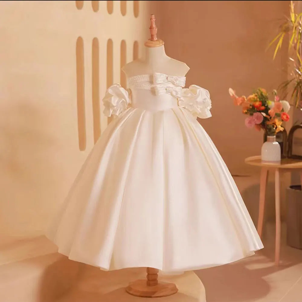 DreamyVow Elegant White Girl Dress Bow Satin Arabic Princess Kids Birthday Wedding Guest Party Ball Gown Communion 2024 J250-DreamyVow