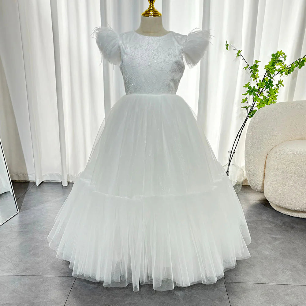 DreamyVow Elegant White Girl Dress Feathers Princess White Dubai Gown for Kids Wedding Communion Party Quinceanera 2024 J169-DreamyVow