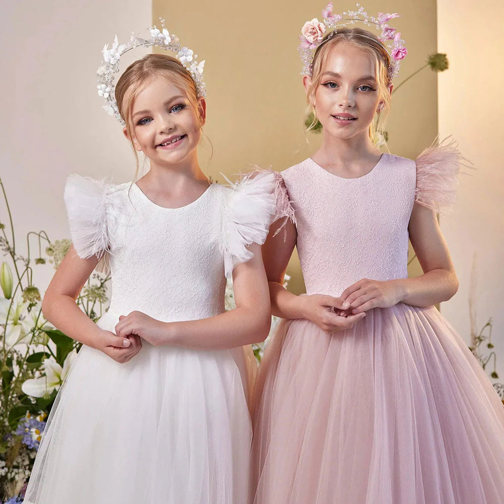 DreamyVow Elegant White Girl Dress Feathers Princess White Dubai Gown for Kids Wedding Communion Party Quinceanera 2024 J169-DreamyVow