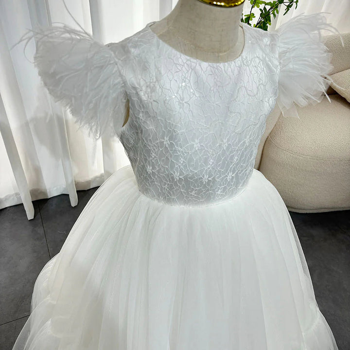 DreamyVow Elegant White Girl Dress Feathers Princess White Dubai Gown for Kids Wedding Communion Party Quinceanera 2024 J169-DreamyVow