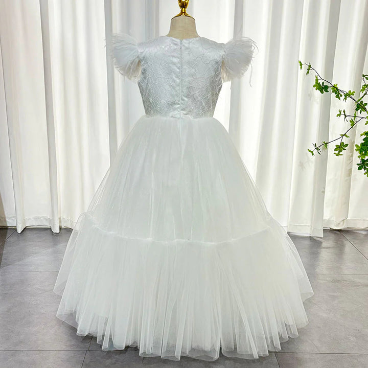 DreamyVow Elegant White Girl Dress Feathers Princess White Dubai Gown for Kids Wedding Communion Party Quinceanera 2024 J169-DreamyVow