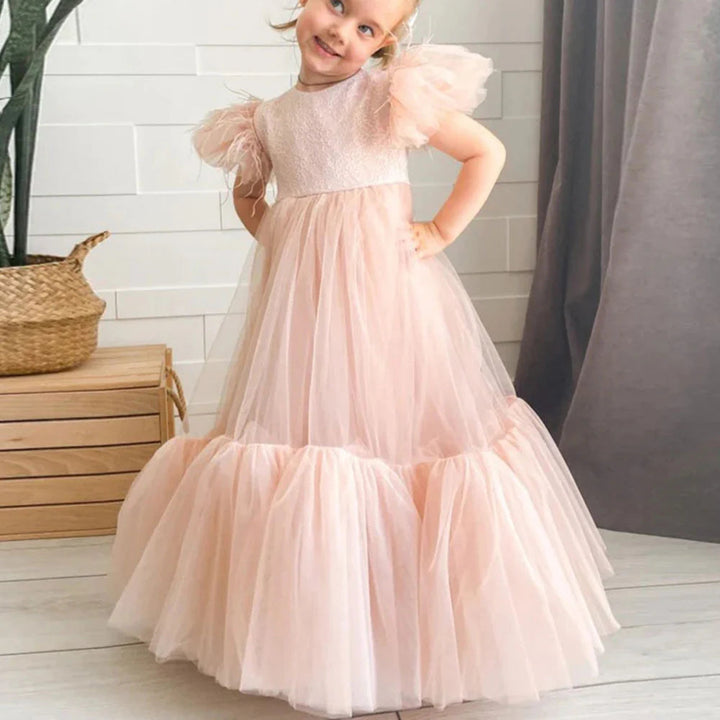 DreamyVow Elegant White Girl Dress Feathers Princess White Dubai Gown for Kids Wedding Communion Party Quinceanera 2024 J169-DreamyVow