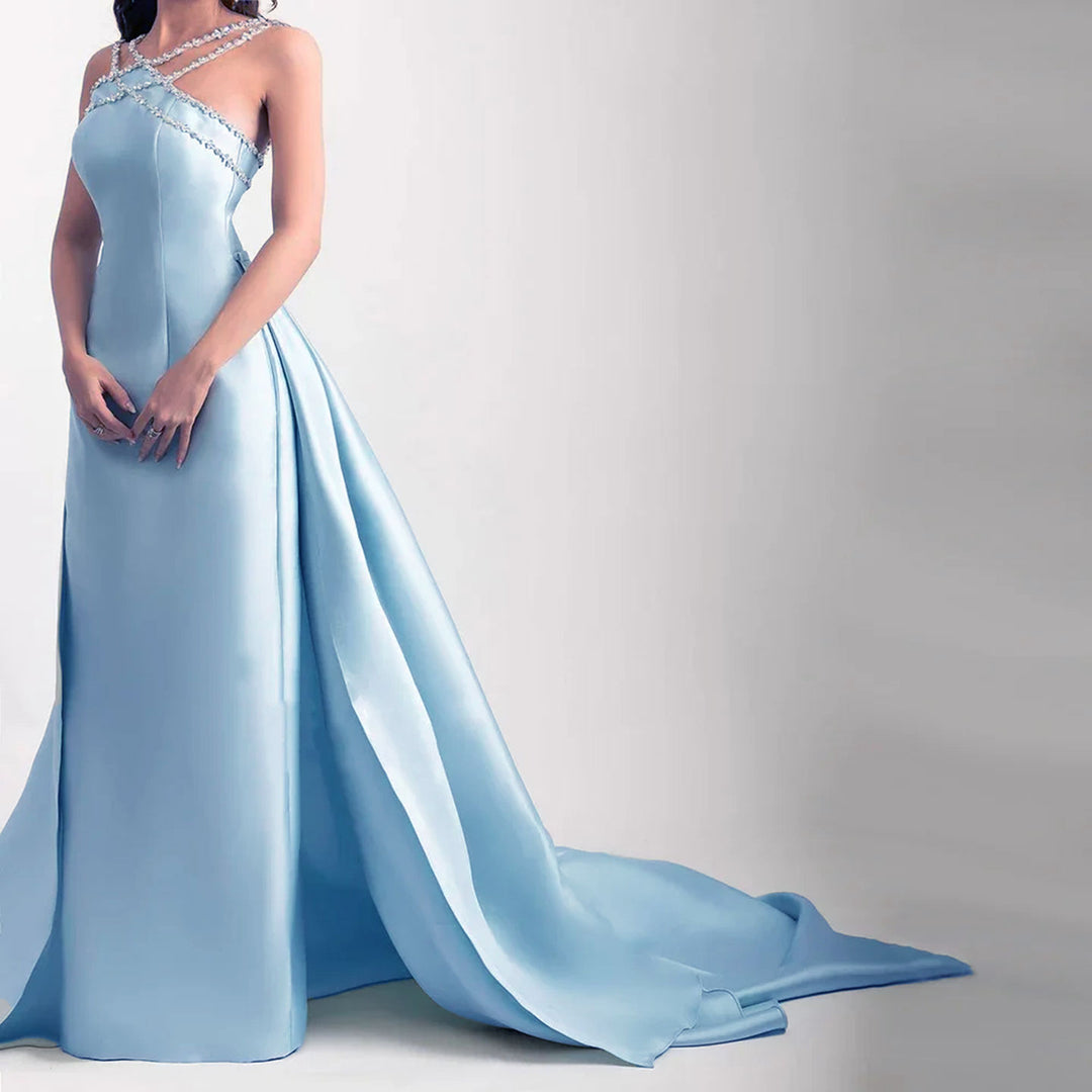 Dreamy Vow Elegant Light Blue Satin Arabic Evening Dress with Overskirt SF048