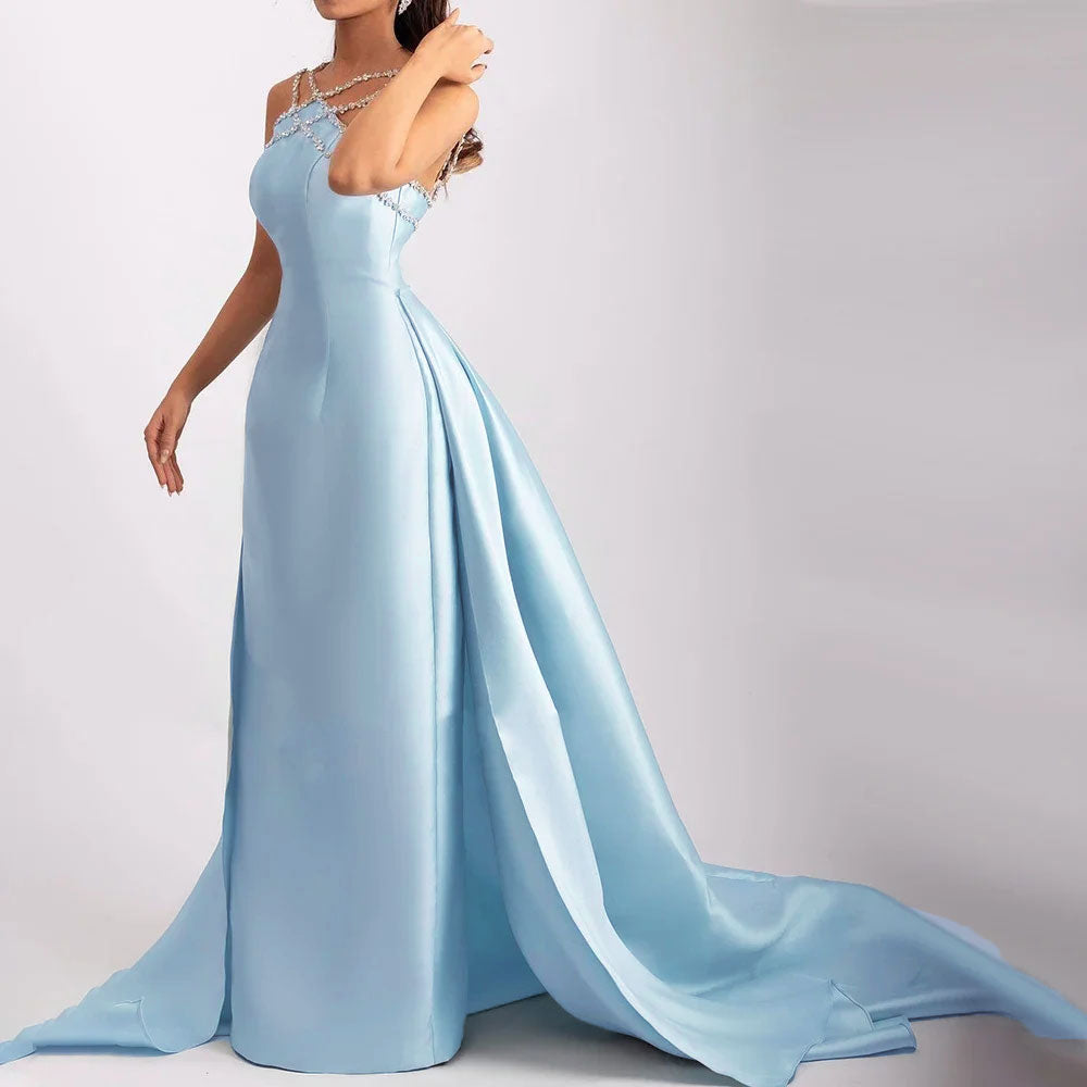 Dreamy Vow Elegant Light Blue Satin Arabic Evening Dress with Overskirt SF048