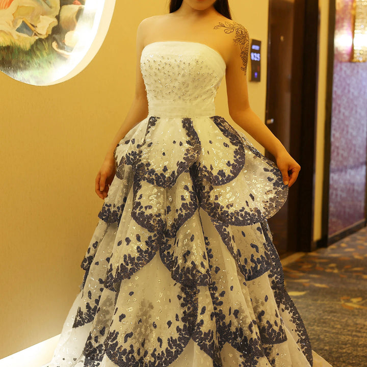 Luxury Black and White Ball Gown Dubai Evening Dress SS290