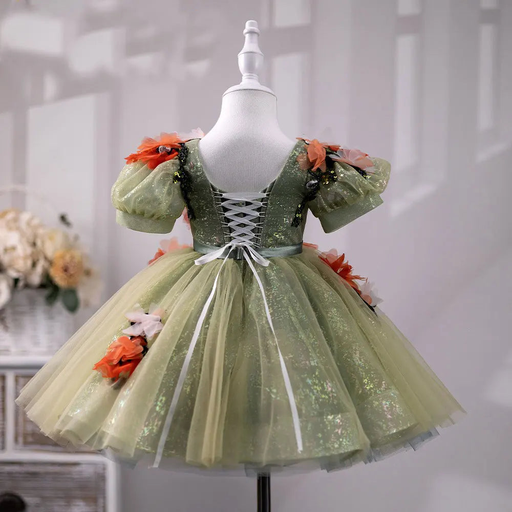 DreamyVow Floral Sage Green Baby Girl Dresses Arabic Handmade Flowers Princess Kids Gown for Birthday Wedding Party Show J404-DreamyVow