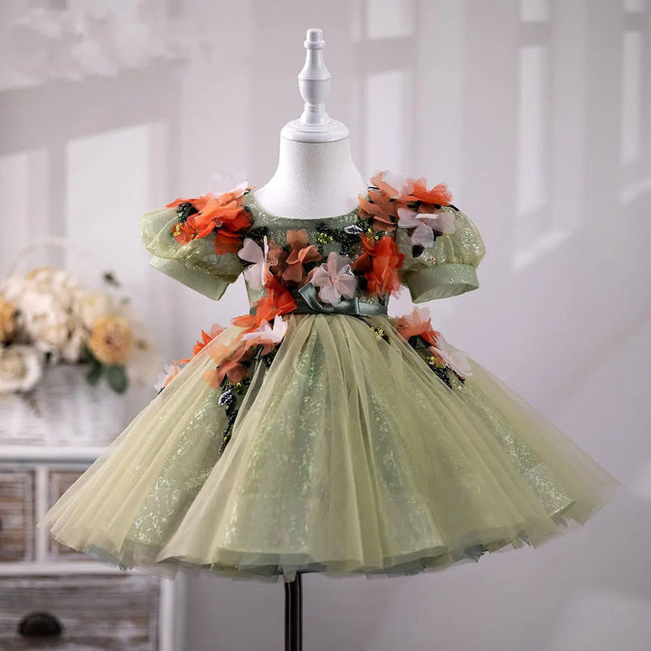 DreamyVow Floral Sage Green Baby Girl Dresses Arabic Handmade Flowers Princess Kids Gown for Birthday Wedding Party Show J404-DreamyVow