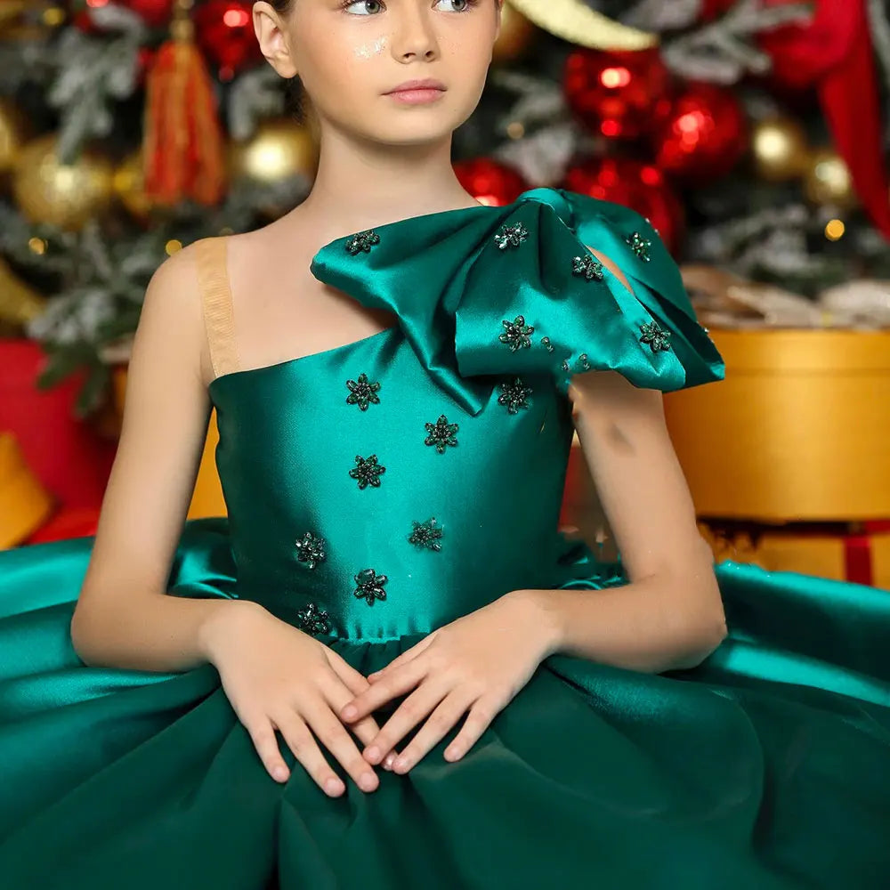 DreamyVow Luxury Arab Green Girl Dress Crystal One Shoulder Satin Dubai Kids Princess Birthday Wedding Party Ball Gown 2024 J368-DreamyVow