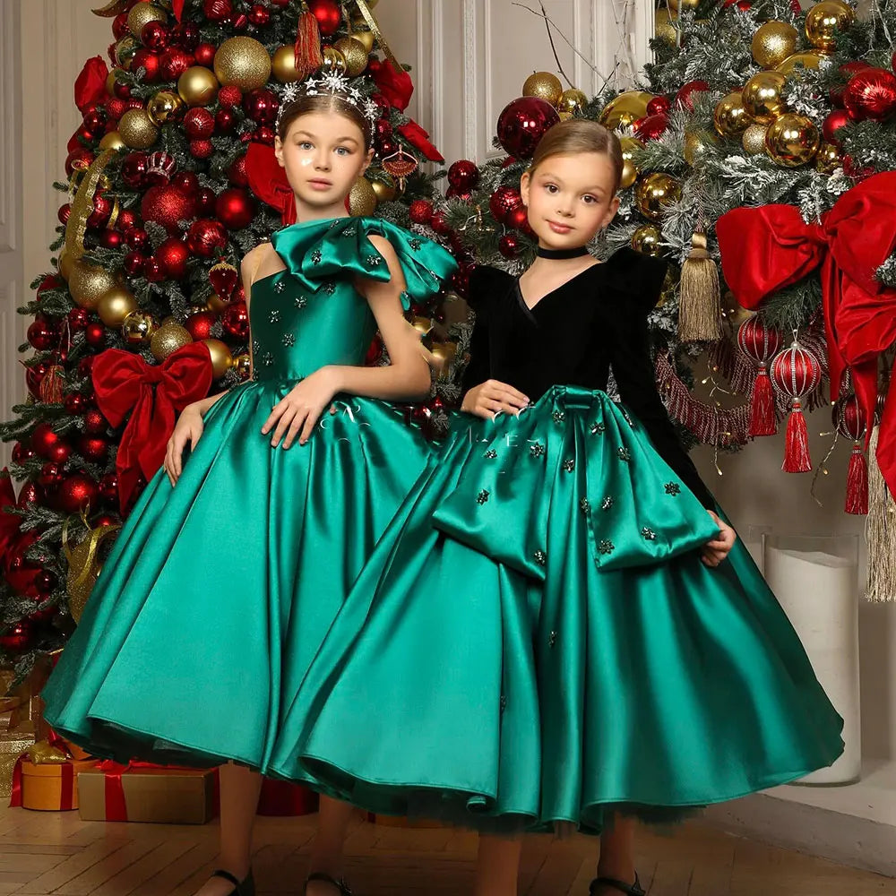 DreamyVow Luxury Arab Green Girl Dress Crystal One Shoulder Satin Dubai Kids Princess Birthday Wedding Party Ball Gown 2024 J368-DreamyVow