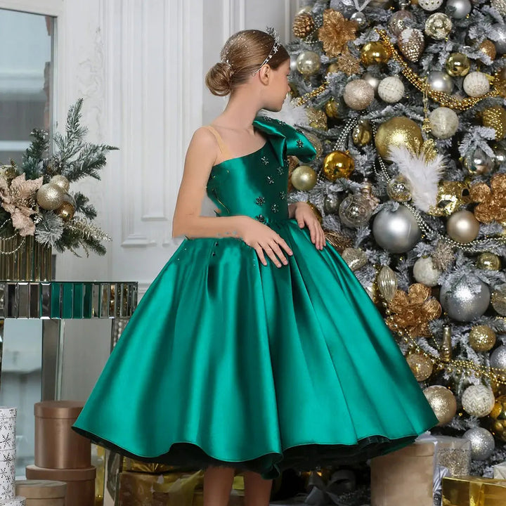 DreamyVow Luxury Arab Green Girl Dress Crystal One Shoulder Satin Dubai Kids Princess Birthday Wedding Party Ball Gown 2024 J368-DreamyVow