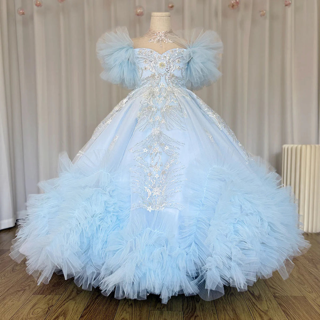 DreamyVow Luxury Arab Sky Blue Girl Dress Beaded Dubai Kids Princess Birthday Wedding Party First Communion Ball Gown 2024 J220-DreamyVow