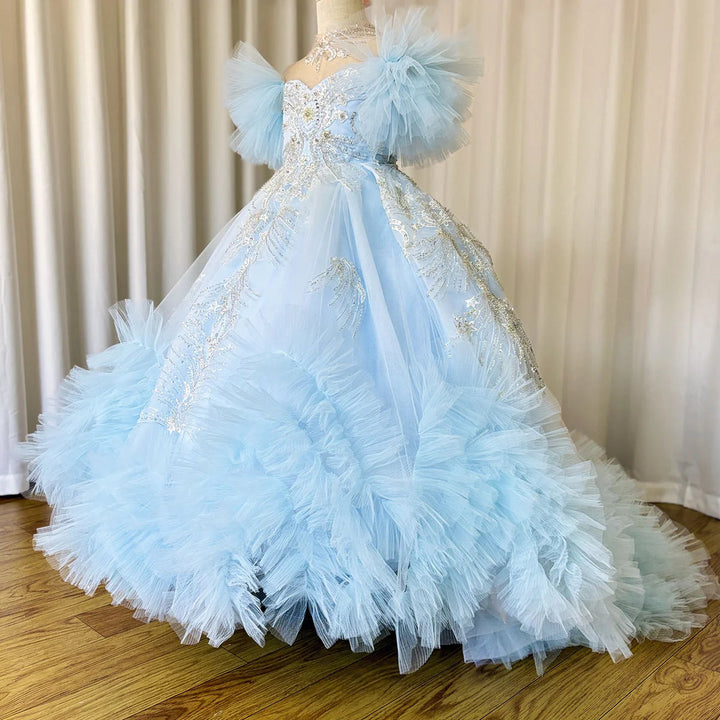 DreamyVow Luxury Arab Sky Blue Girl Dress Beaded Dubai Kids Princess Birthday Wedding Party First Communion Ball Gown 2024 J220-DreamyVow