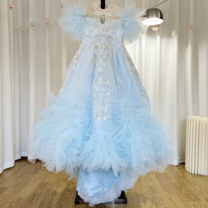 DreamyVow Luxury Arab Sky Blue Girl Dress Beaded Dubai Kids Princess Birthday Wedding Party First Communion Ball Gown 2024 J220-DreamyVow