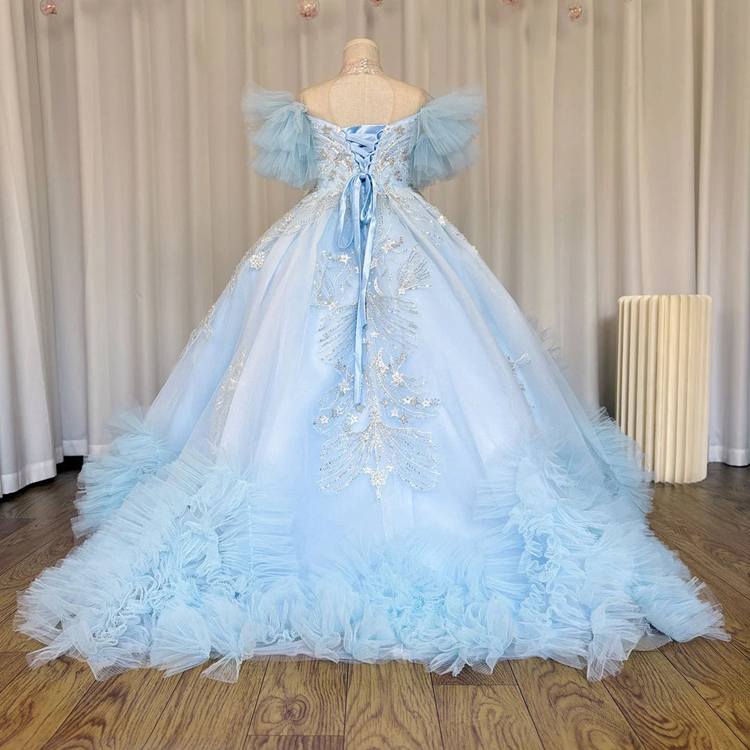 DreamyVow Luxury Arab Sky Blue Girl Dress Beaded Dubai Kids Princess Birthday Wedding Party First Communion Ball Gown 2024 J220-DreamyVow