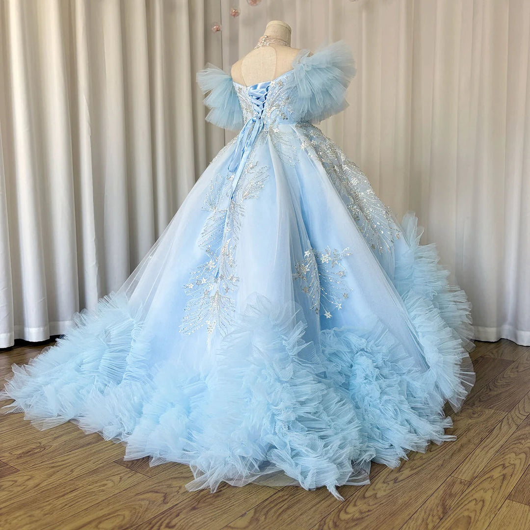 DreamyVow Luxury Arab Sky Blue Girl Dress Beaded Dubai Kids Princess Birthday Wedding Party First Communion Ball Gown 2024 J220-DreamyVow