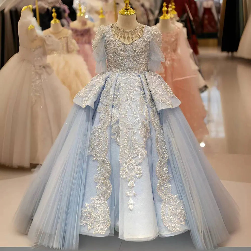 DreamyVow Luxury Arabic Blue Quinceanera Dresses Beaded Pearls Dubai Princess Ball Gown for Kids Birthday Wedding Party J079-DreamyVow