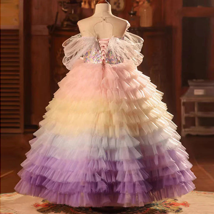 DreamyVow Luxury Arabic Colorful Dubai Girl Dress Feathers Baby Children Clothes for Wedding Birthday Holiday Party 2024 J212-DreamyVow