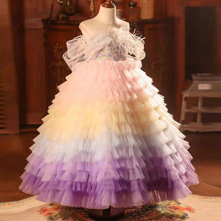 DreamyVow Luxury Arabic Colorful Dubai Girl Dress Feathers Baby Children Clothes for Wedding Birthday Holiday Party 2024 J212-DreamyVow