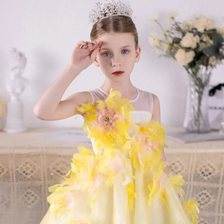 DreamyVow Luxury Arabic Flower Girl Dresses Asymmetrical Yellow Feathers Princess Gown for Kids Birthday Wedding Party Show J133-DreamyVow