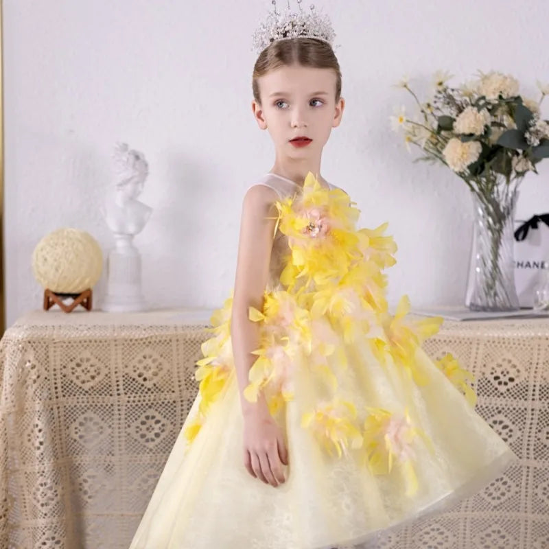 DreamyVow Luxury Arabic Flower Girl Dresses Asymmetrical Yellow Feathers Princess Gown for Kids Birthday Wedding Party Show J133-DreamyVow