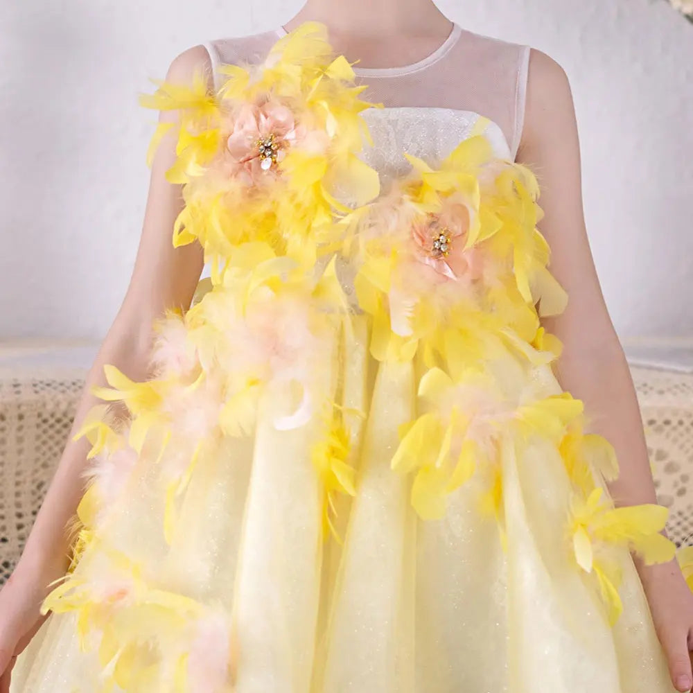 DreamyVow Luxury Arabic Flower Girl Dresses Asymmetrical Yellow Feathers Princess Gown for Kids Birthday Wedding Party Show J133-DreamyVow