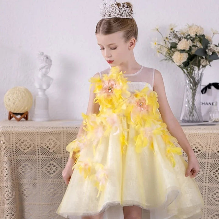 DreamyVow Luxury Arabic Flower Girl Dresses Asymmetrical Yellow Feathers Princess Gown for Kids Birthday Wedding Party Show J133-DreamyVow