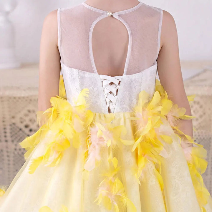 DreamyVow Luxury Arabic Flower Girl Dresses Asymmetrical Yellow Feathers Princess Gown for Kids Birthday Wedding Party Show J133-DreamyVow