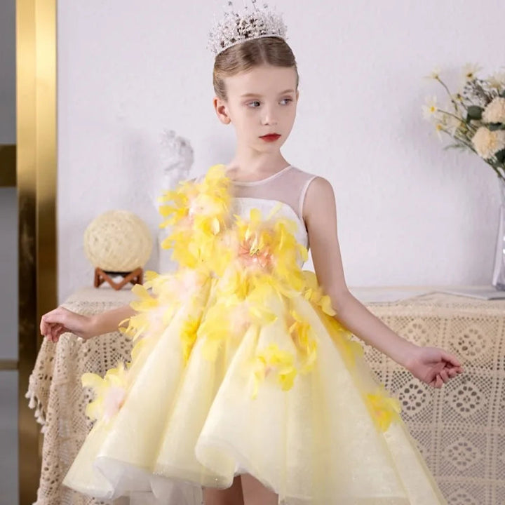 DreamyVow Luxury Arabic Flower Girl Dresses Asymmetrical Yellow Feathers Princess Gown for Kids Birthday Wedding Party Show J133-DreamyVow