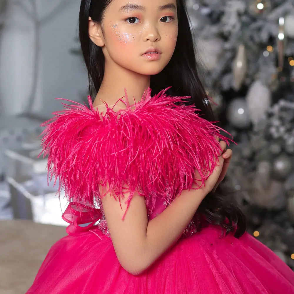 DreamyVow Luxury Arabic Fuchsia Girl Dress Feathers Sleeveless Dubai Kids Princess Birthday Wedding Party Ball Gown 2024 J372-DreamyVow