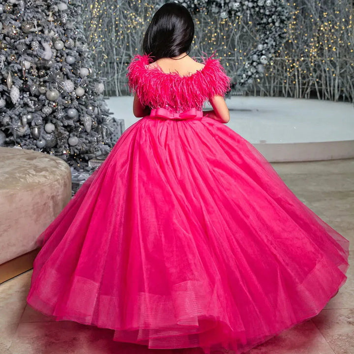 DreamyVow Luxury Arabic Fuchsia Girl Dress Feathers Sleeveless Dubai Kids Princess Birthday Wedding Party Ball Gown 2024 J372-DreamyVow