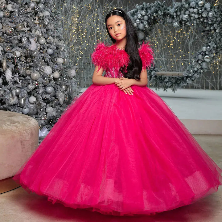 DreamyVow Luxury Arabic Fuchsia Girl Dress Feathers Sleeveless Dubai Kids Princess Birthday Wedding Party Ball Gown 2024 J372-DreamyVow