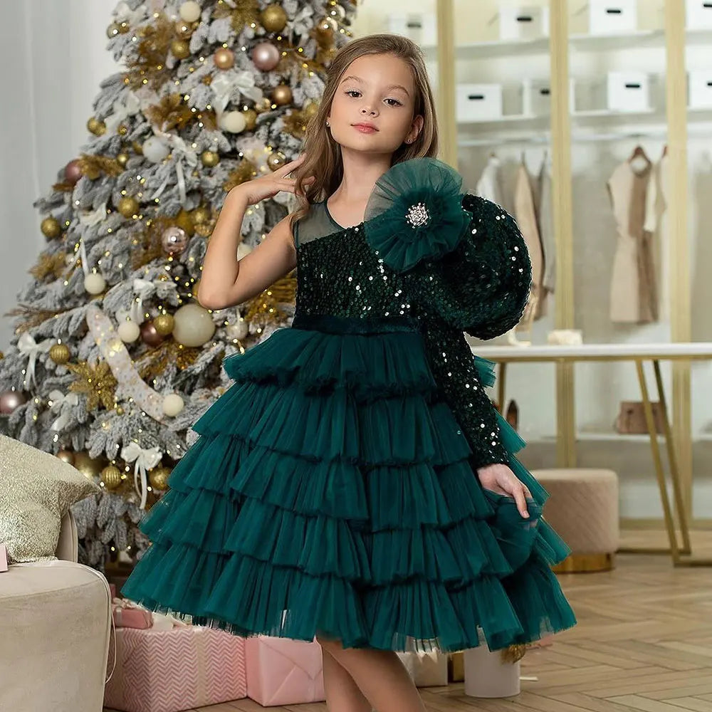 DreamyVow Luxury Arabic Green Girl Dress Beaded One Shoulder Dubai Red Kids Princess Birthday Wedding Party Ball Gown 2024 J366-DreamyVow