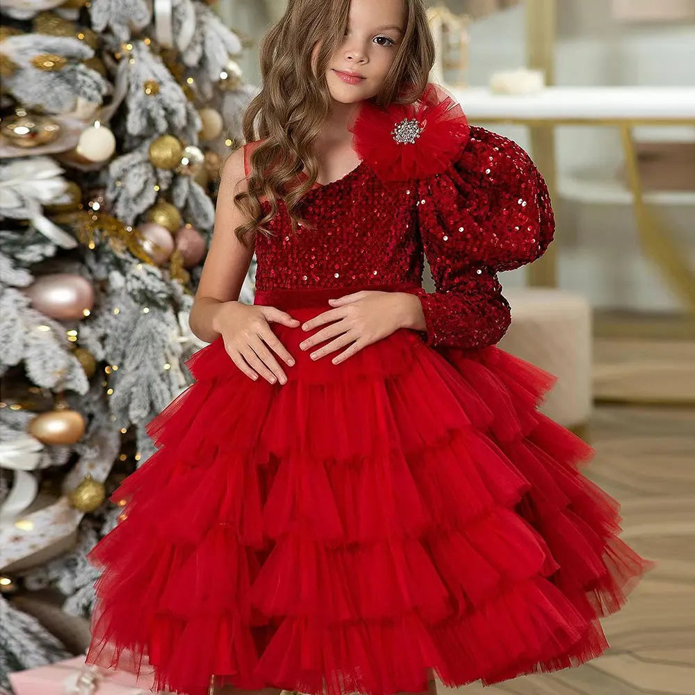 DreamyVow Luxury Arabic Green Girl Dress Beaded One Shoulder Dubai Red Kids Princess Birthday Wedding Party Ball Gown 2024 J366-DreamyVow