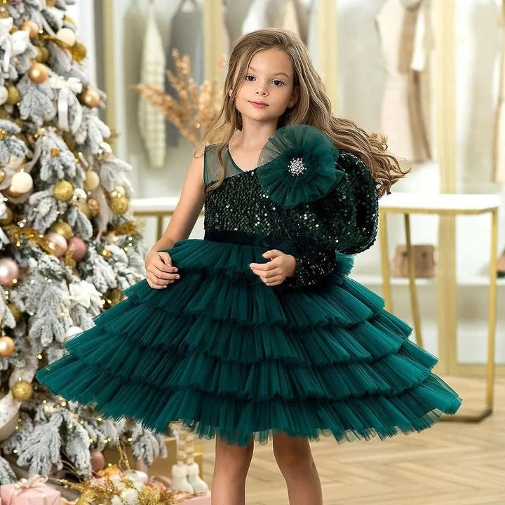 DreamyVow Luxury Arabic Green Girl Dress Beaded One Shoulder Dubai Red Kids Princess Birthday Wedding Party Ball Gown 2024 J366-DreamyVow