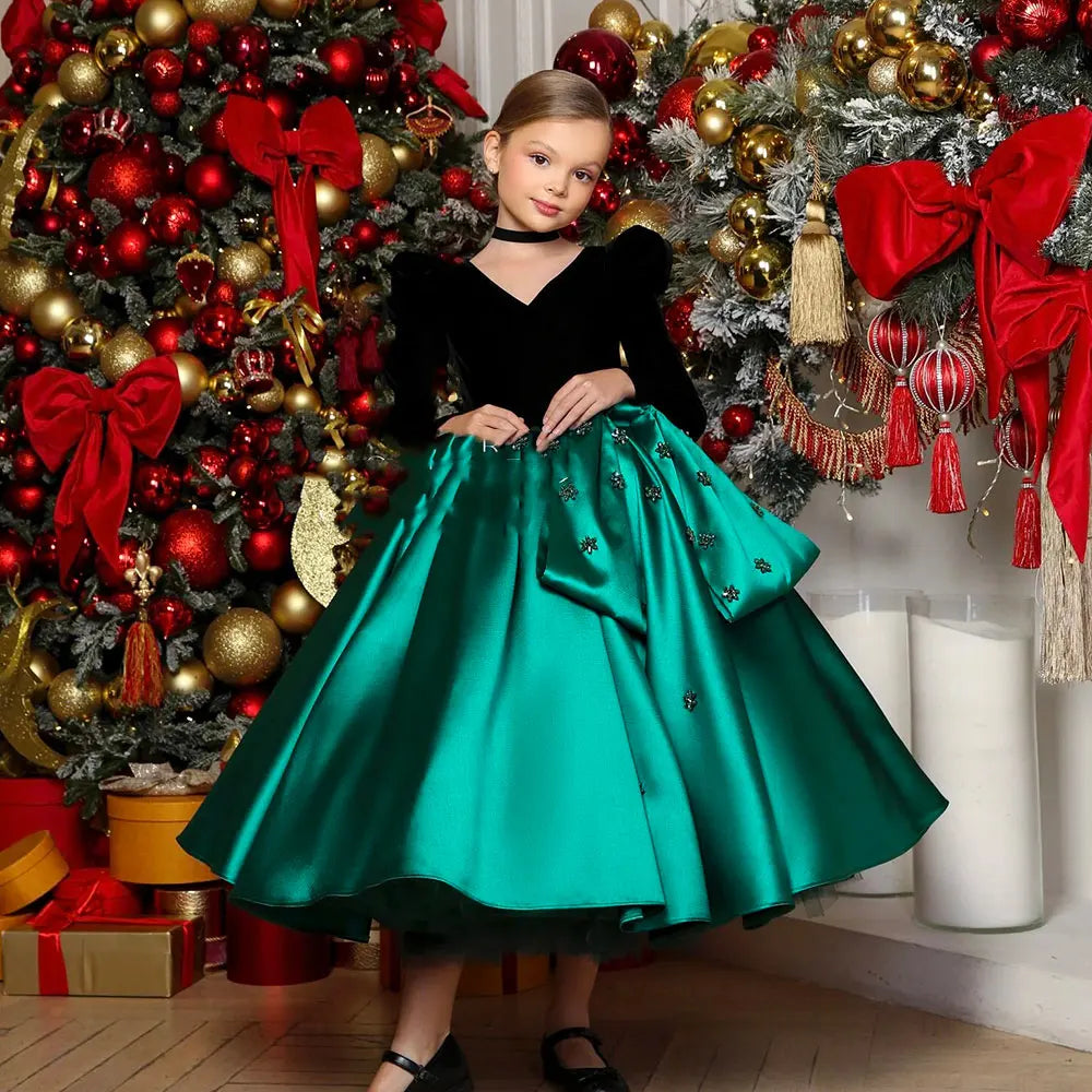 DreamyVow Luxury Arabic Green Girl Dress Crystal V-Neck Dubai Kids Princess Holiday Birthday Wedding Party Ball Gown 2024 J367-DreamyVow